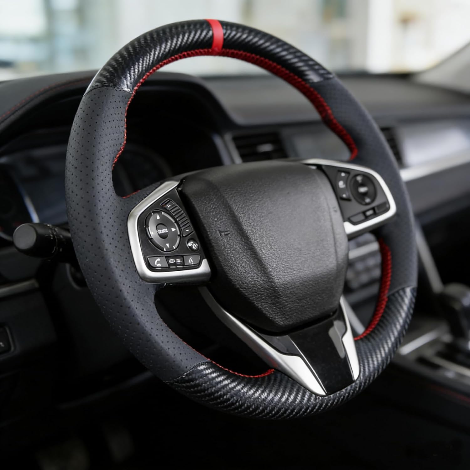 Matte Carbon Fiber Leather Steering Wheel Cover for Honda Civic 10th Generation 2016 2017 2018 2019 2020 2021 / Clarity 2018-2021 / CR-V CRV 2017-2022 15 Inches Custom Fit OEM DIY Accessories