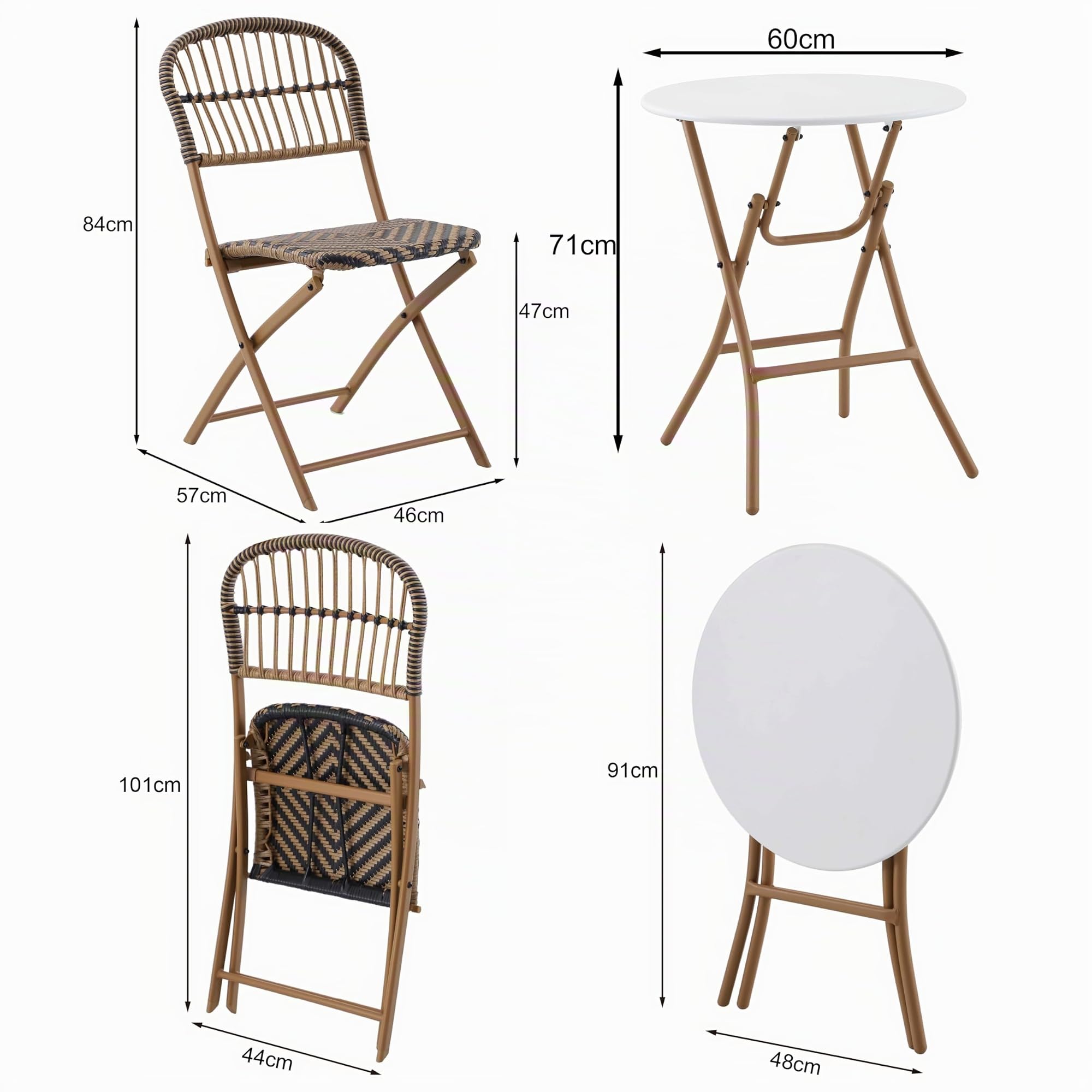 METRO Professional Conjunto Mesa y Sillas de Bistró Agujo, Juego de Muebles de Exterior de 3 Piezas, Acero/Ratán, 2 Sillas, 1 Mesa, Ideal para Terraza y Jardín, Beige/Blanco