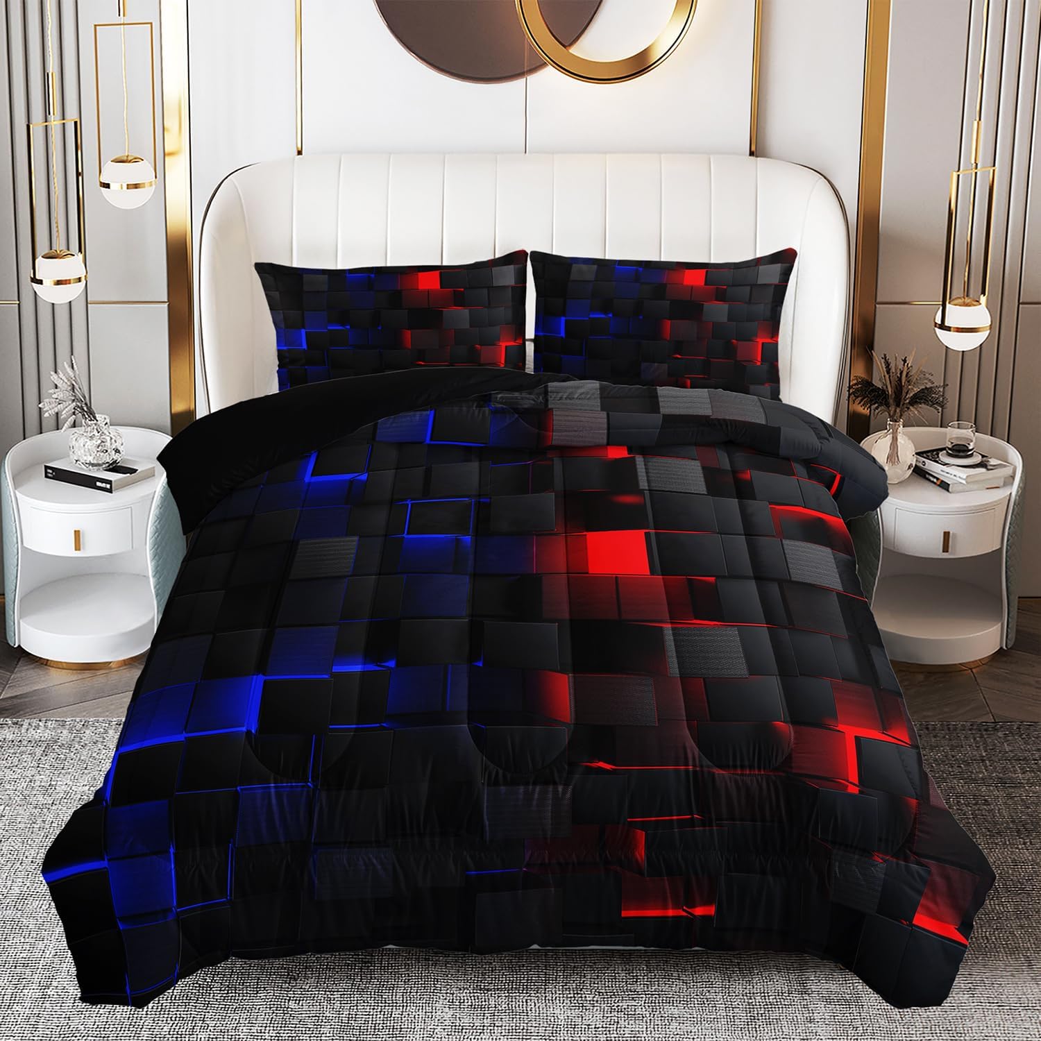 Luxurious 3PCS Comforter Set in Modern Geometric Design | Queen Size Soft Microfiber Bedding for Bedroom Decor | Includes 1 Comforter and 2 Pillowcases | EJBTTAA181