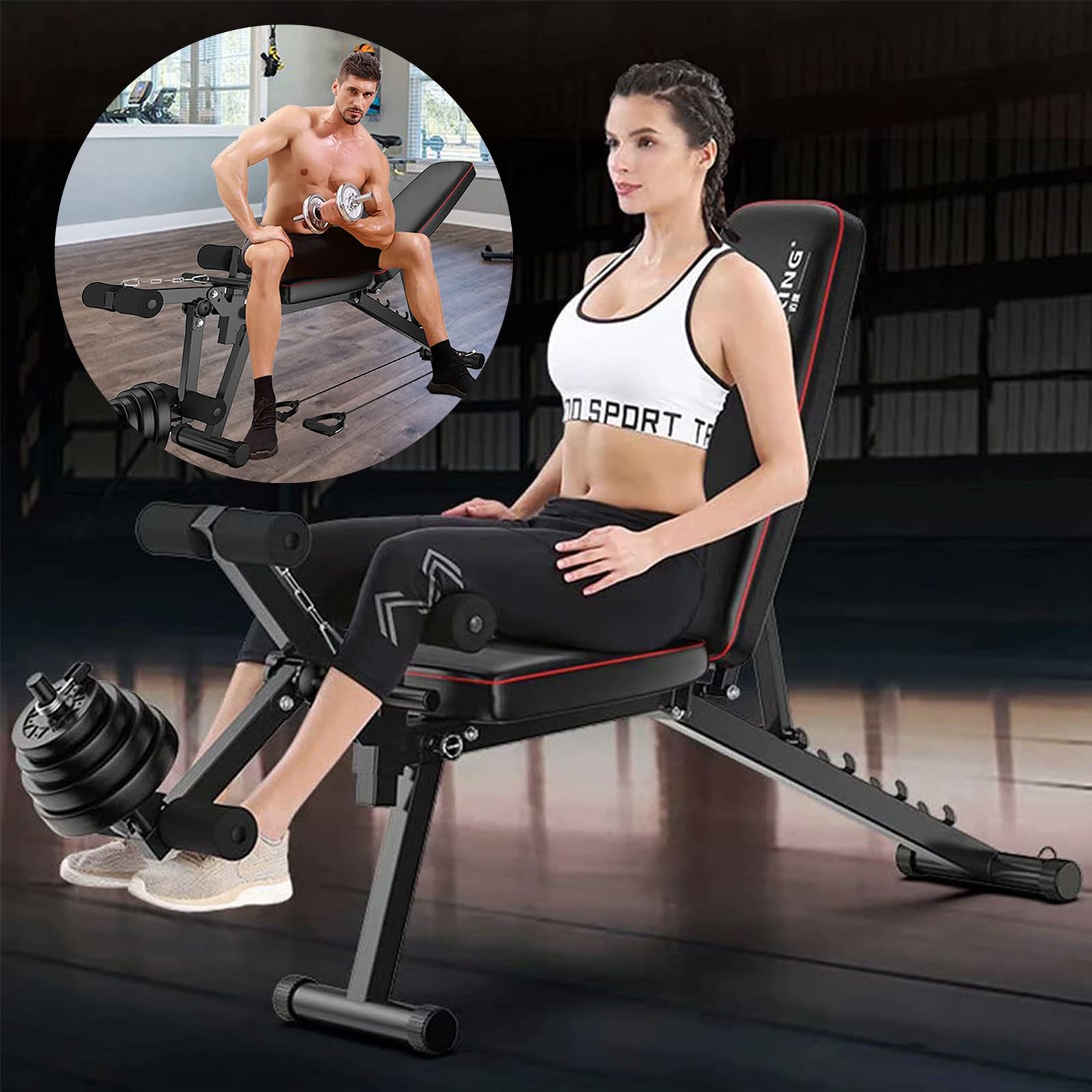 Panca Multifunzione Palestra Casa, Panca Palestra Pieghevole, Bench per Addominali con Leg Extension Leg Curl Pesi Schienale Regolabile in 4 Livelli Dischi per manubri non inclusi
