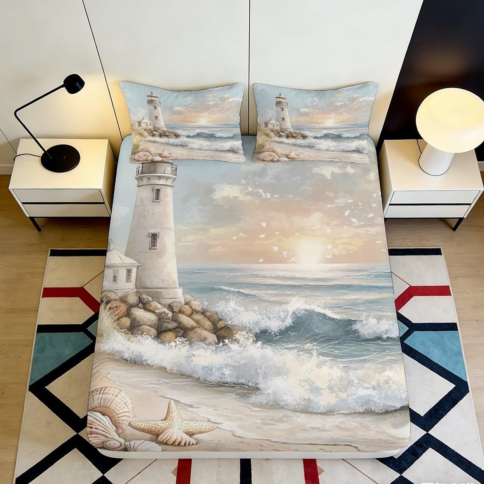 Pnayamiorkfel Style-5 3D Printed Lighthouse Ocean Wave Fitted Sheet Microfiber Soft Bedroom Decor Mattress Cover Anti-Slip Easy Care 90X200x25cm