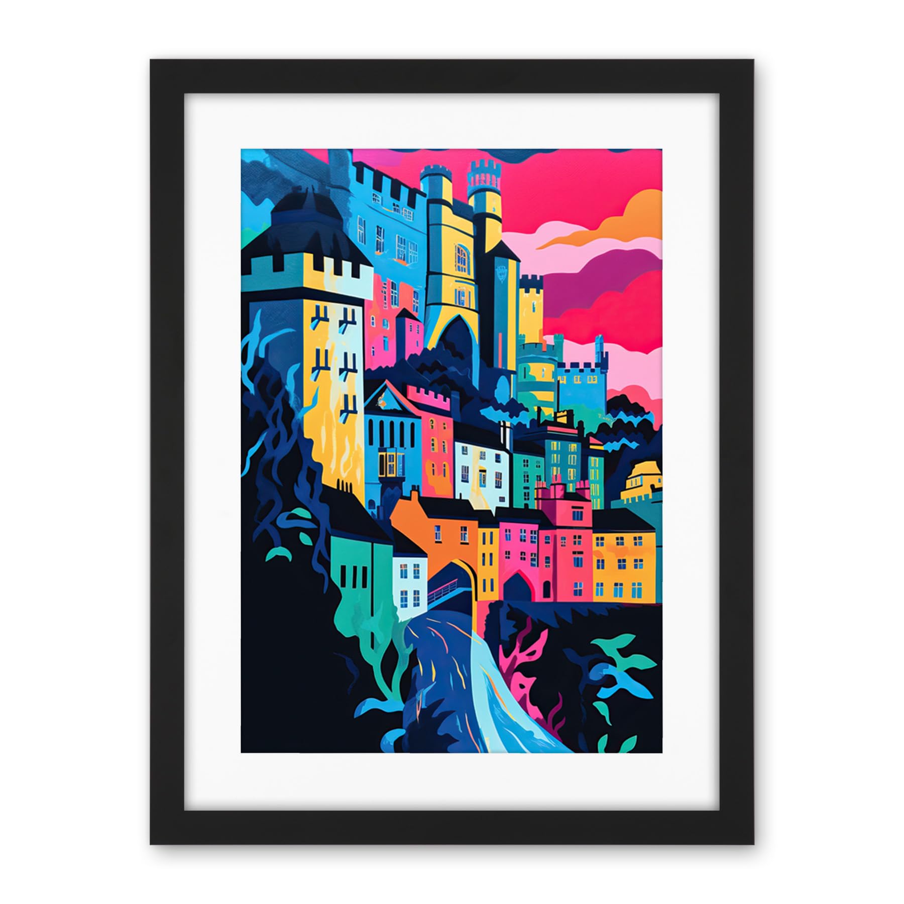 Artery8 Nottingham City Vibrant Abstract Pop Art Cityscape Artwork Framed Wall Art Print 18X24 Inch