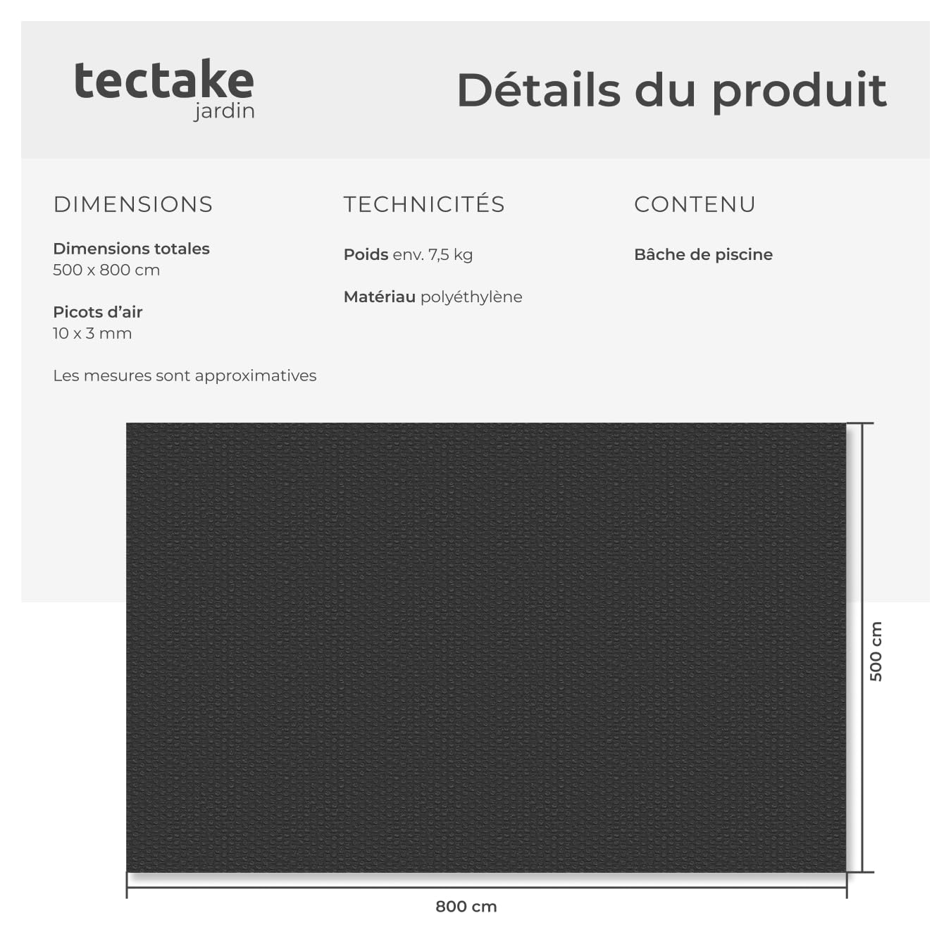 tectake® Bâche chauffante Piscine Rectangulaire 5x8 m Noir Bâche de Protection & Chauffage Piscine Hors Sol Spa Piscines tubulaires, Adaptable à la Taille souhaitée, Chauffage Solaire