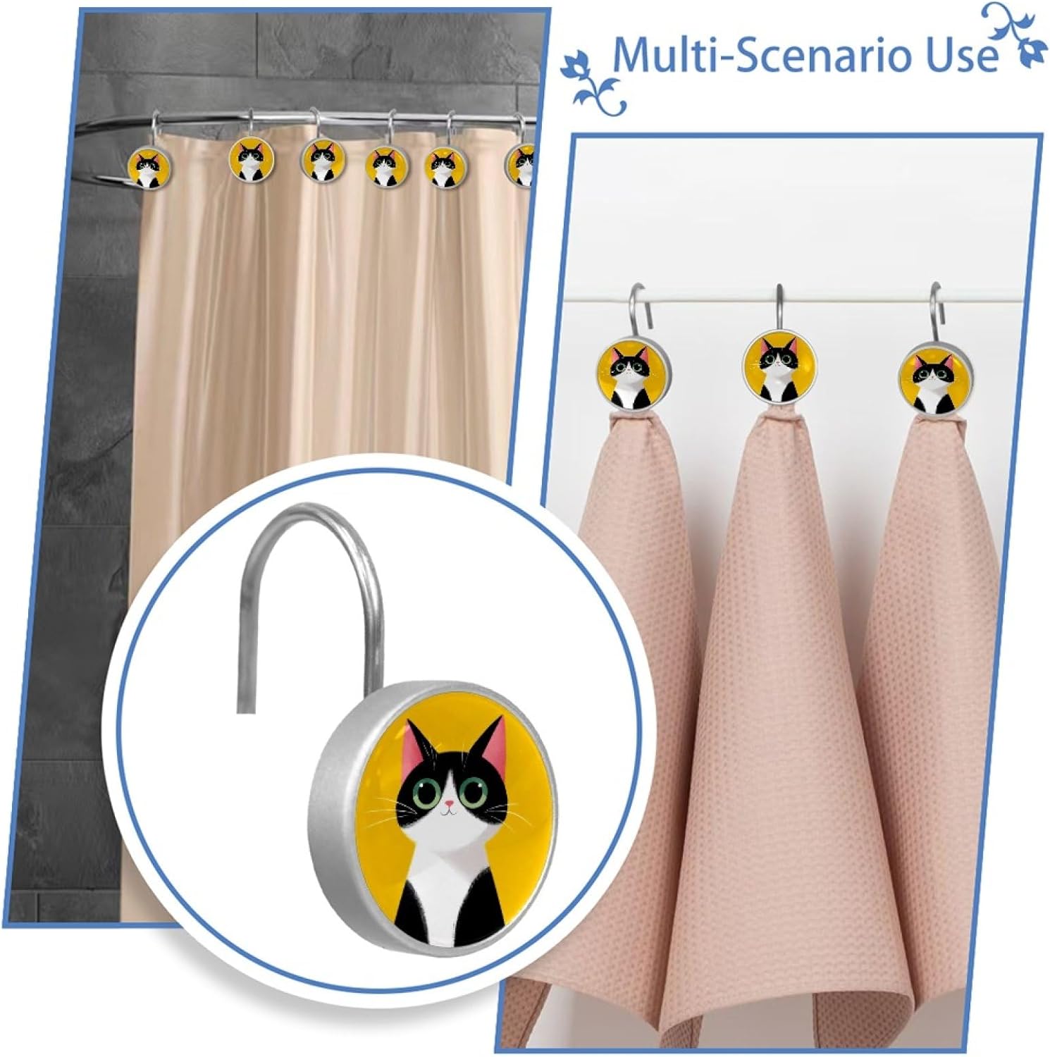 Yellow Background Cat Shower Curtain Hooks, Crystal Glass Rust Resistant Shower Curtain Rings for Bathroom Shower Rod, Decorative Shower Hooks Shower Curtain Hanger Rings Roller