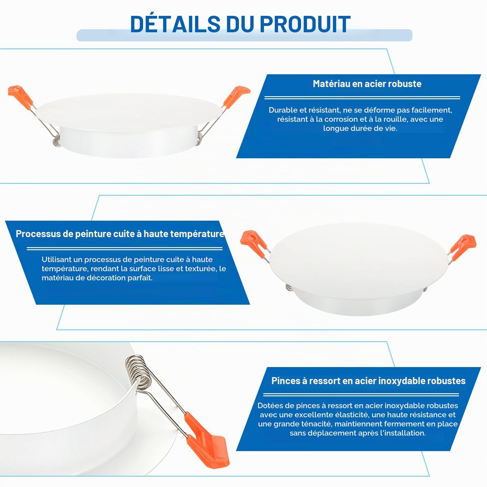 PATIKIL Plaque couverture plafond en métal, 4 pièces Garniture lumière encastrée Fixation murale Capuchon trou projecteur avec clips à ressort Convient pour 2,2 à 2,8 pouces, Blanc mat