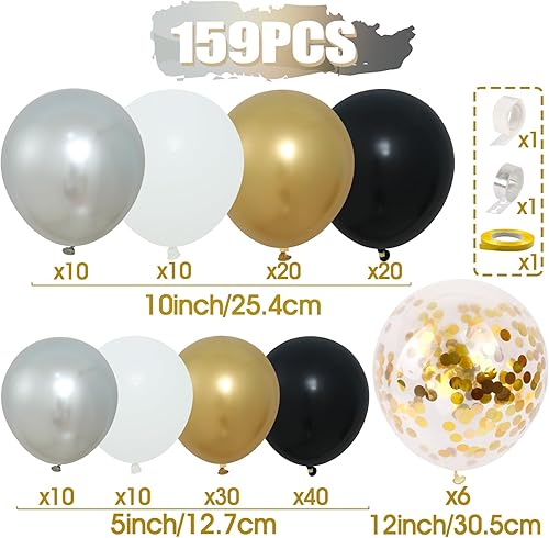 Miniatura 2 de Kit de guirnalda de arco de globos de oro negro de 159 piezas, globos de látex de confeti dorado metálico y plateado para decoraciones de graduación