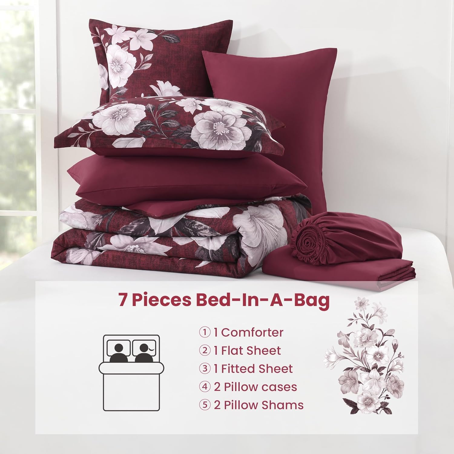 Floral Comforter Set Queen Size, 7 Pieces Burgundy Bed in a Bag, Elegant Floral Butterfly Comforter and Sheet Set, Soft Microfiber Bedding Set for All Seasons(Burgundy,90"x90") - Image 7