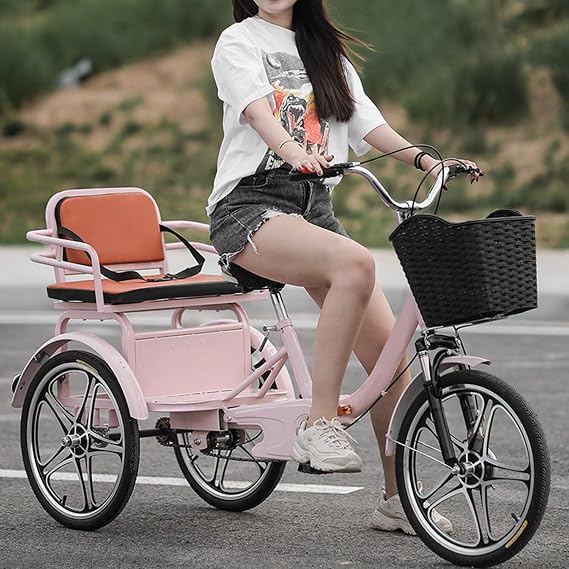 Folding tricycles for Senior and Adult,3 Wheels Tandem Bicycle,Rickshaw Tricycle with Pedals,Tandem Tricycle,Back seat with Belt,Bike,Front Wheel (Pink B 20 in)