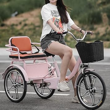 Folding tricycles for Senior and Adult,3 Wheels Tandem Bicycle,Rickshaw Tricycle with Pedals,Tandem Tricycle,Back seat with Belt,Bike,Front Wheel (Pink B 20 in)