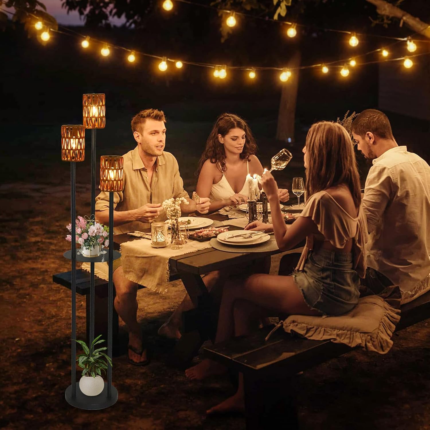 Outdoor Floor Lamp Solar Powered Waterproof, Outdoor Lamps for Patio with Plastic Rattan Shade, Cordless Solar Lights with Shelves Plant Stand, Boho Outdoor Lamps for Deck Porch Yard Garden Decor