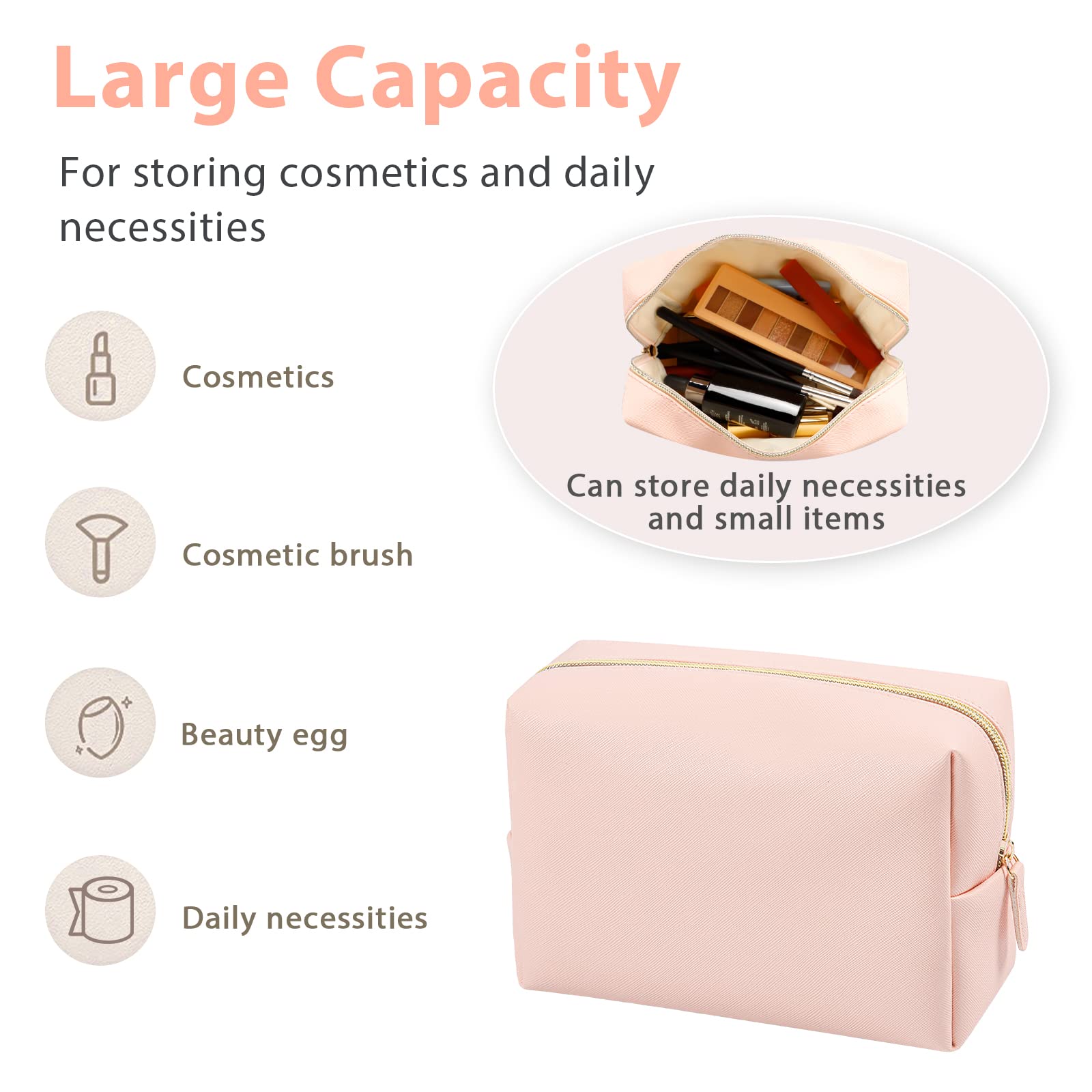 GFU Makeup Bag Large Travel Zipper Cosmetic Pouch, Water Resistant PU Leather Toiletry Organizer for Women and Girls, Light Champagne Pink