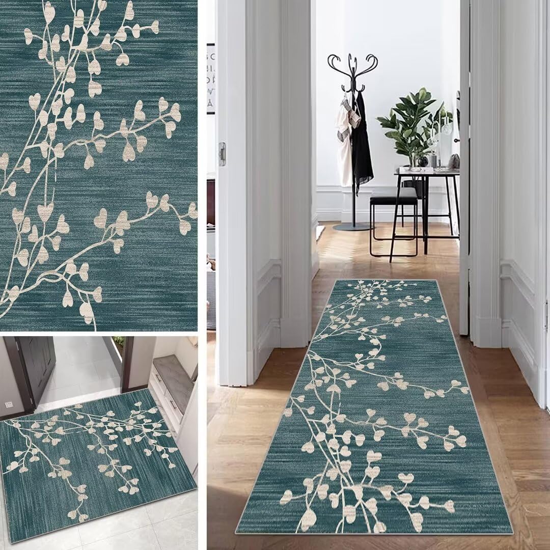 Alfombra larga vintage para pasillo, antideslizante, lavable, 90 x 250 cm, diseño moderno de hojas, duradera, para cocina, pasillo, poliéster, ajustable, se vende por metros
