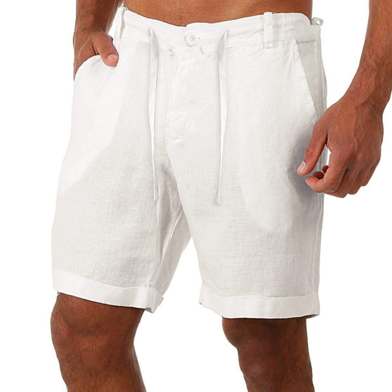 Męskie spodenki do biegania o długości 3/4 - letnie spodenki sportowe dla mężczyzn, sznurowane bawełniane lniane spodnie dresowe z kieszenią, lekkie joggery slim fit, sportowe spodnie
