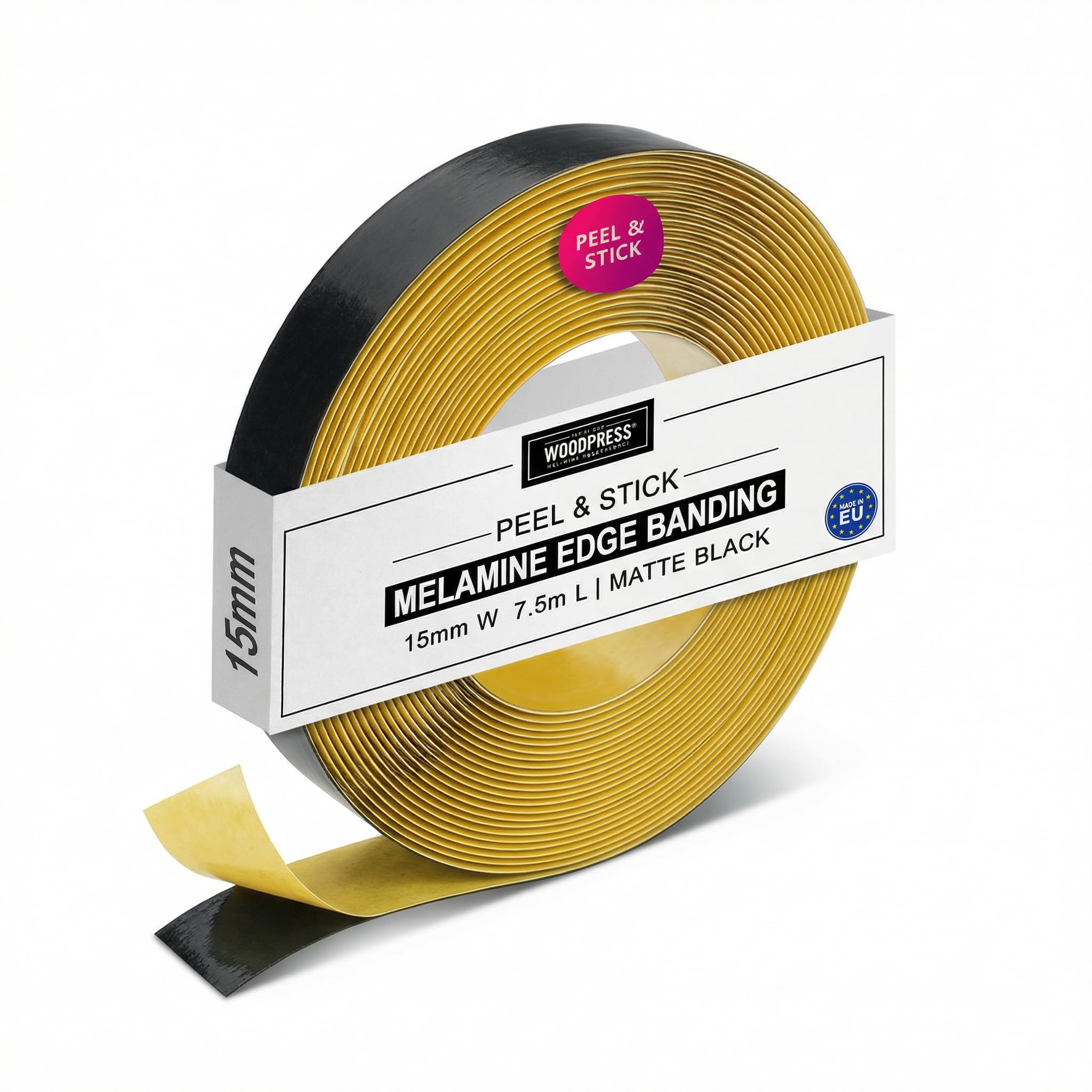 WoodPress® 15mm Matt Black Peel & Stick Edging Tape - 7.5m Self-Adhesive Melamine Trim - Veneer Strip w/Sticky Backing - Easy DIY Fix (No Iron On) Edge Banding for Repair to Worktop, Shelf, Cabinet