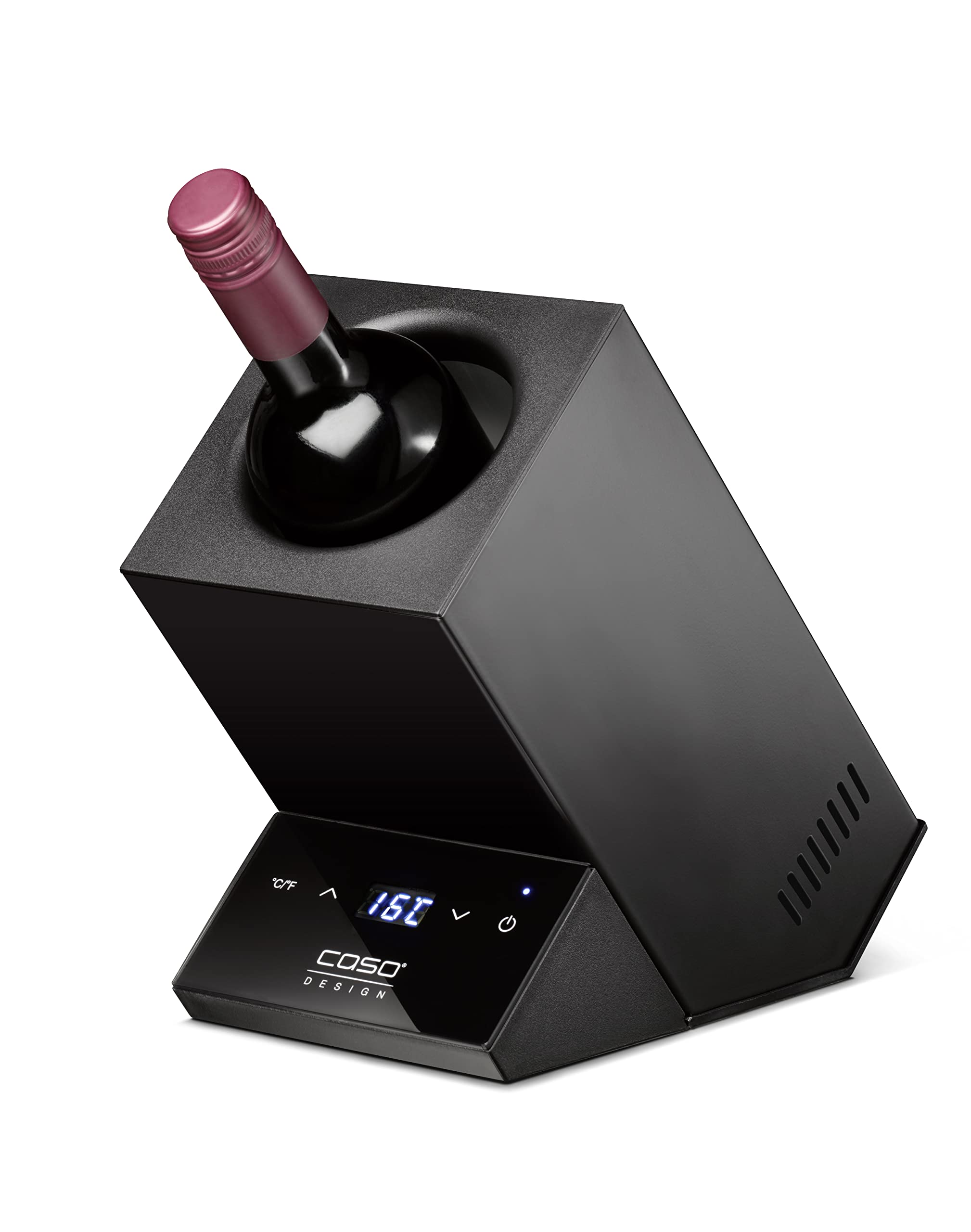 CASO WineCase One Black - Enfriador de vino para una botella, rango de temperatura de 5 – 18 °C, para botellas de hasta 9 cm de diámetro, control táctil, carcasa de acero inoxidable, negro