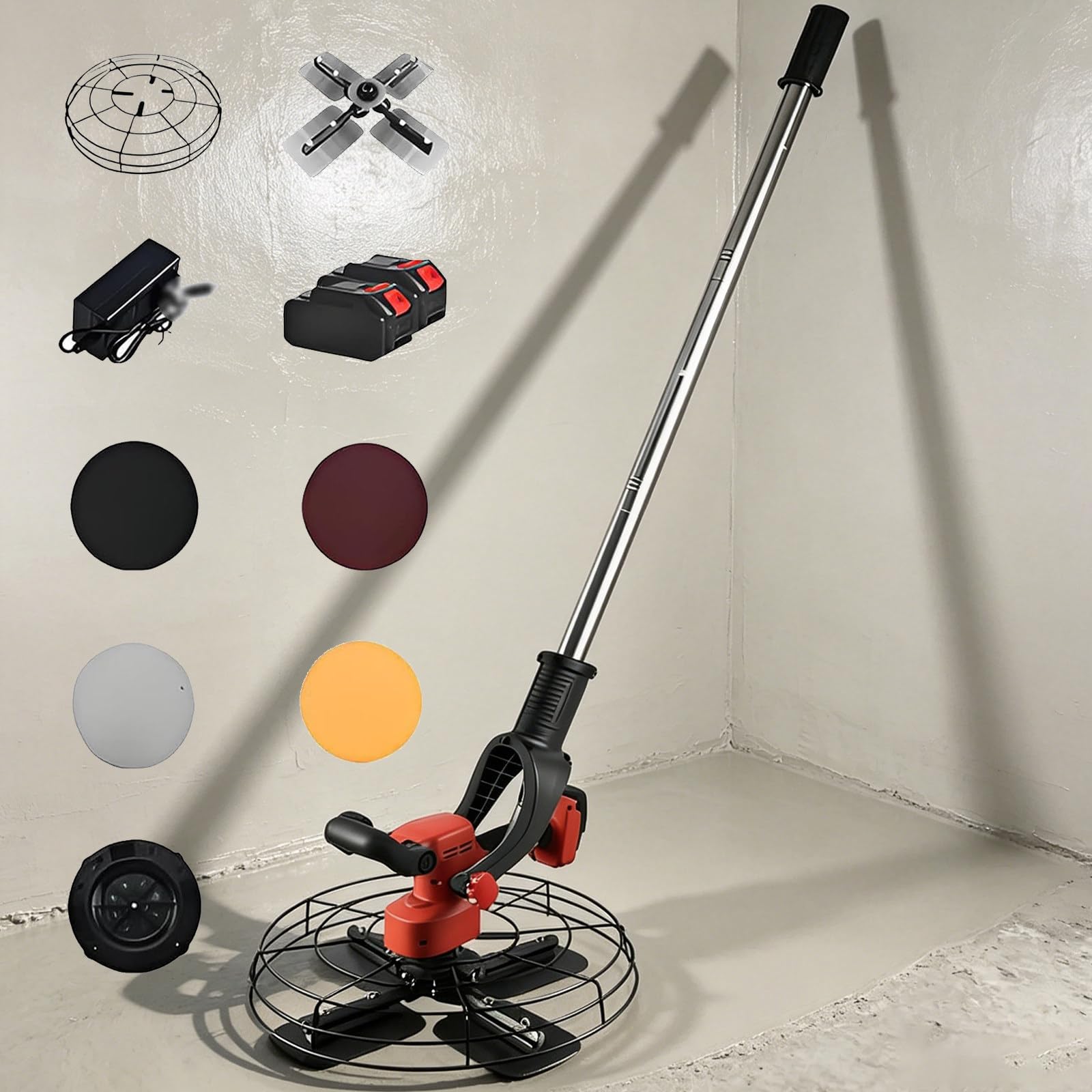 Máquina para Enlucir Paredes y Fratasadora de Hormigón, 6 Velocidades Regulables, Alisadora Eléctrica con Mango Desmontable de 130cm y 2 Baterías Incluidas