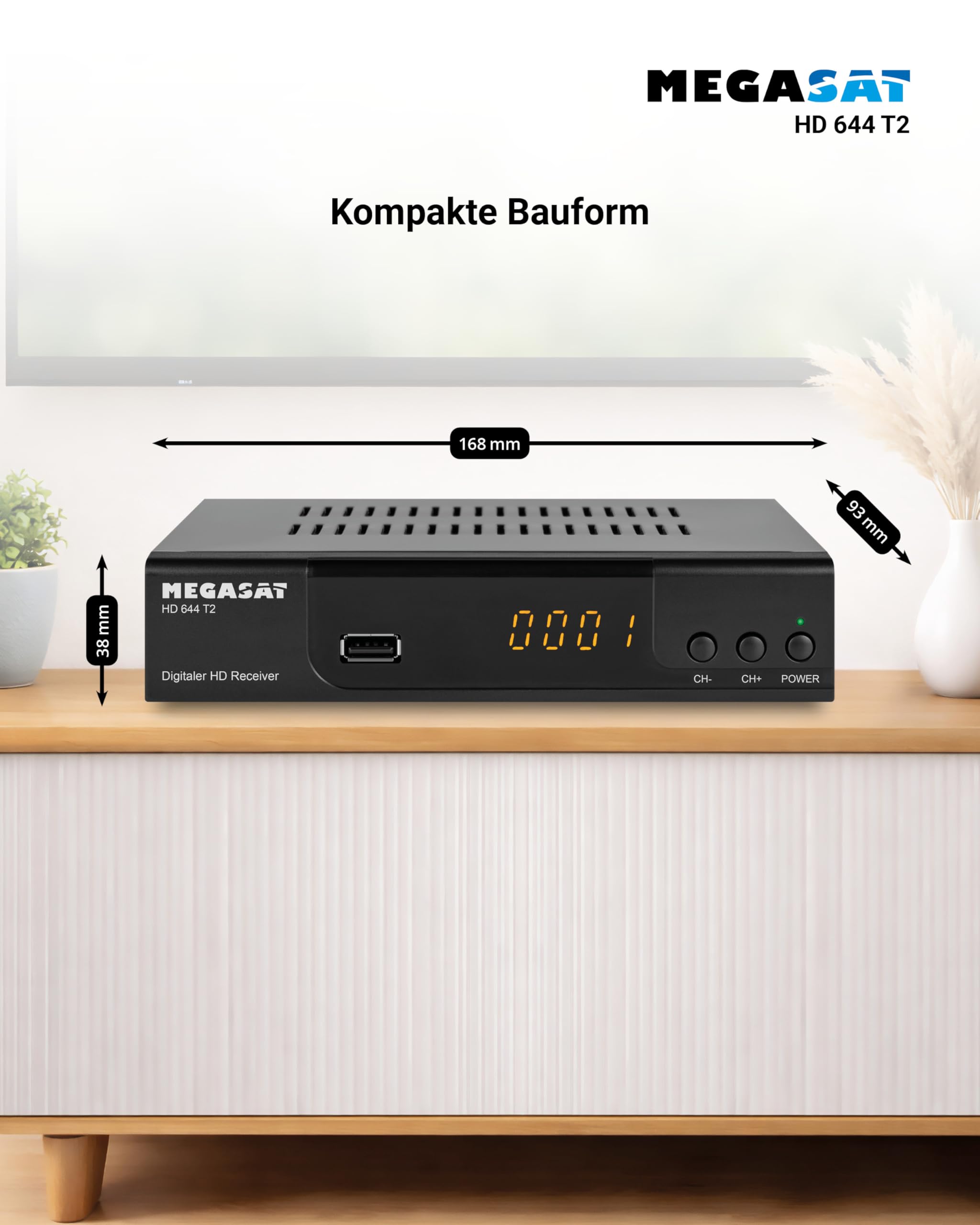 Megasat HD 644 T2 – DVB-T2 Receiver für Free TV – Schwarz | Empfängt alle freien Sender über Antenne, USB-Mediaplayer, Full HD, SCART, HDMI