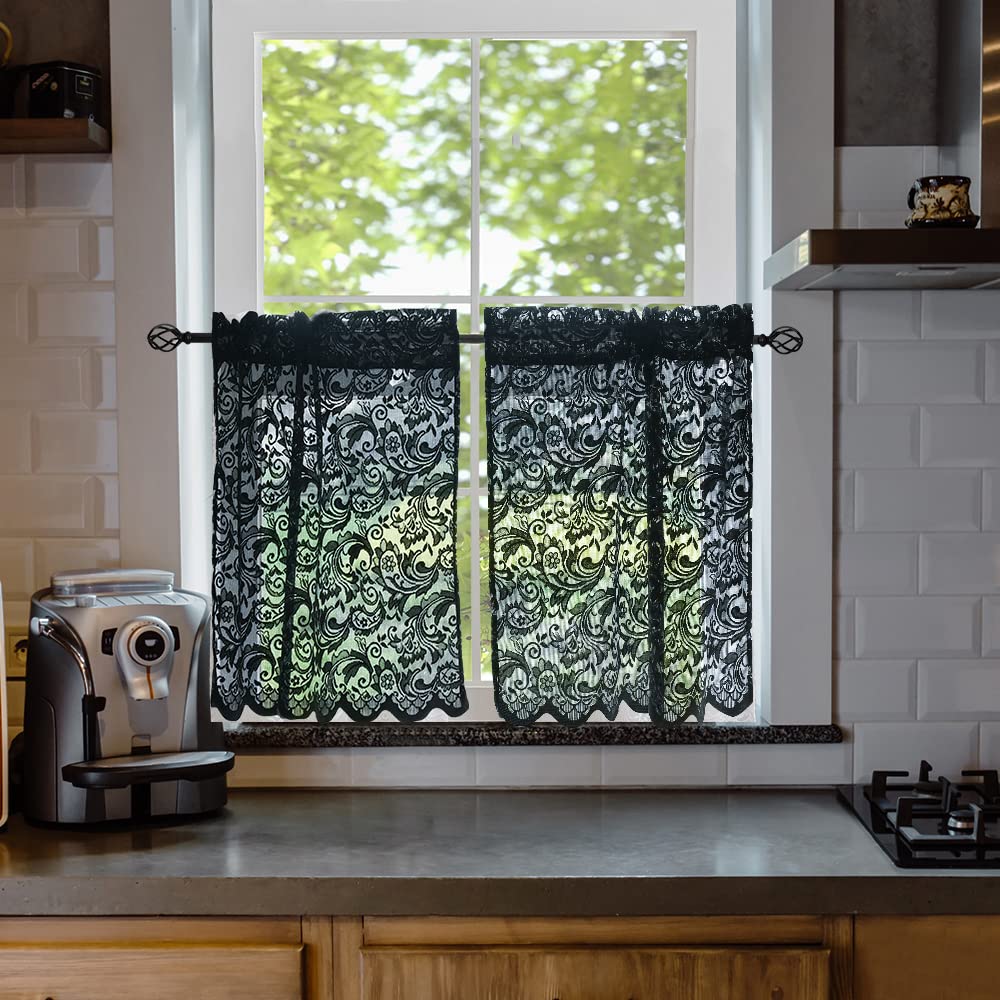 ALIGOGO Lace Curtains 24 Inch Length Gothic Kitchen Bathroom Privacy Curtains Black — image 1