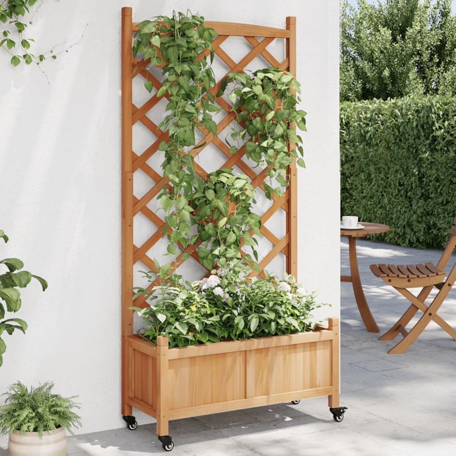 Planter with Trellis and Wheels, Brown Solid Wood Outdoor Planter, Vertical Garden Raised for Balcony and Garden, Mini Raised Garden for Seedlings, Vertical Garden