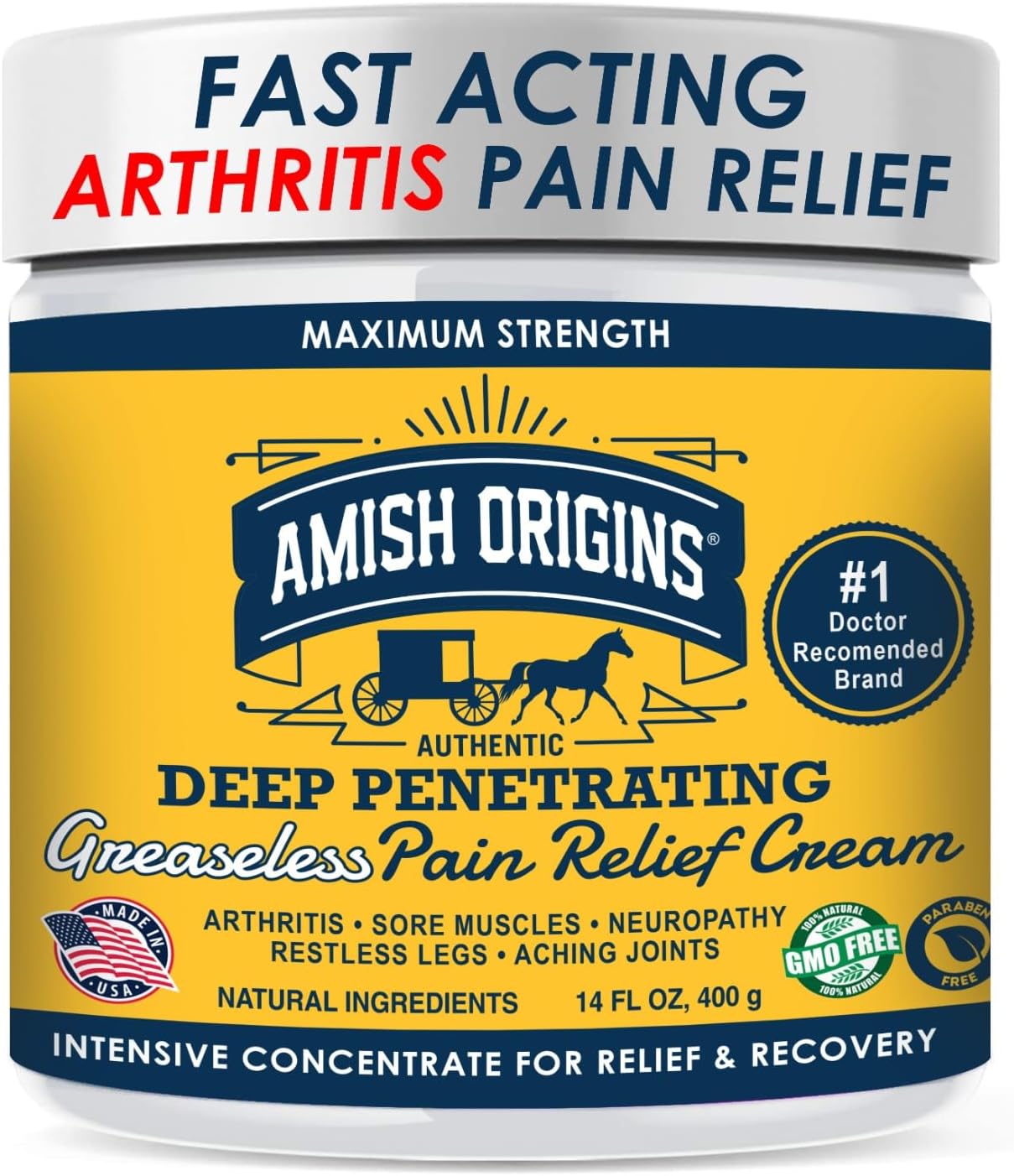 Amish Origins Arthritis Pain Relief Cream - 14 oz - Maximum Strength Deep Penetrating for Joint, Muscle, Knee, Back, Feet, Hand, Ankle, Aches (14 Fl Oz (Pack of 1))