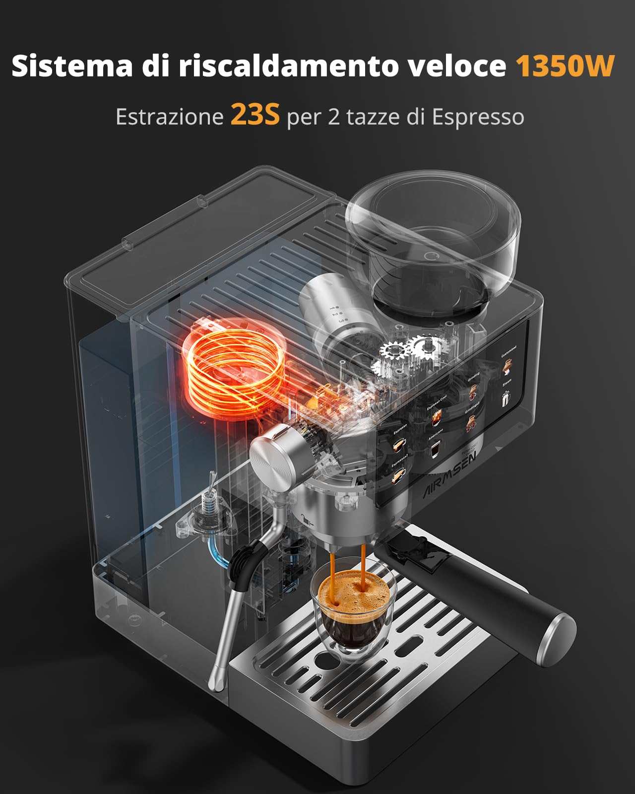 AIRMSEN Macchina per Caffè Espresso con Macinacaffè e Montalatte - Programmable, Compatibile con Caffe Freddo (Cold Brew) e Americano, Macchina da Caffè Domestica per Macinato​/Chicco intero