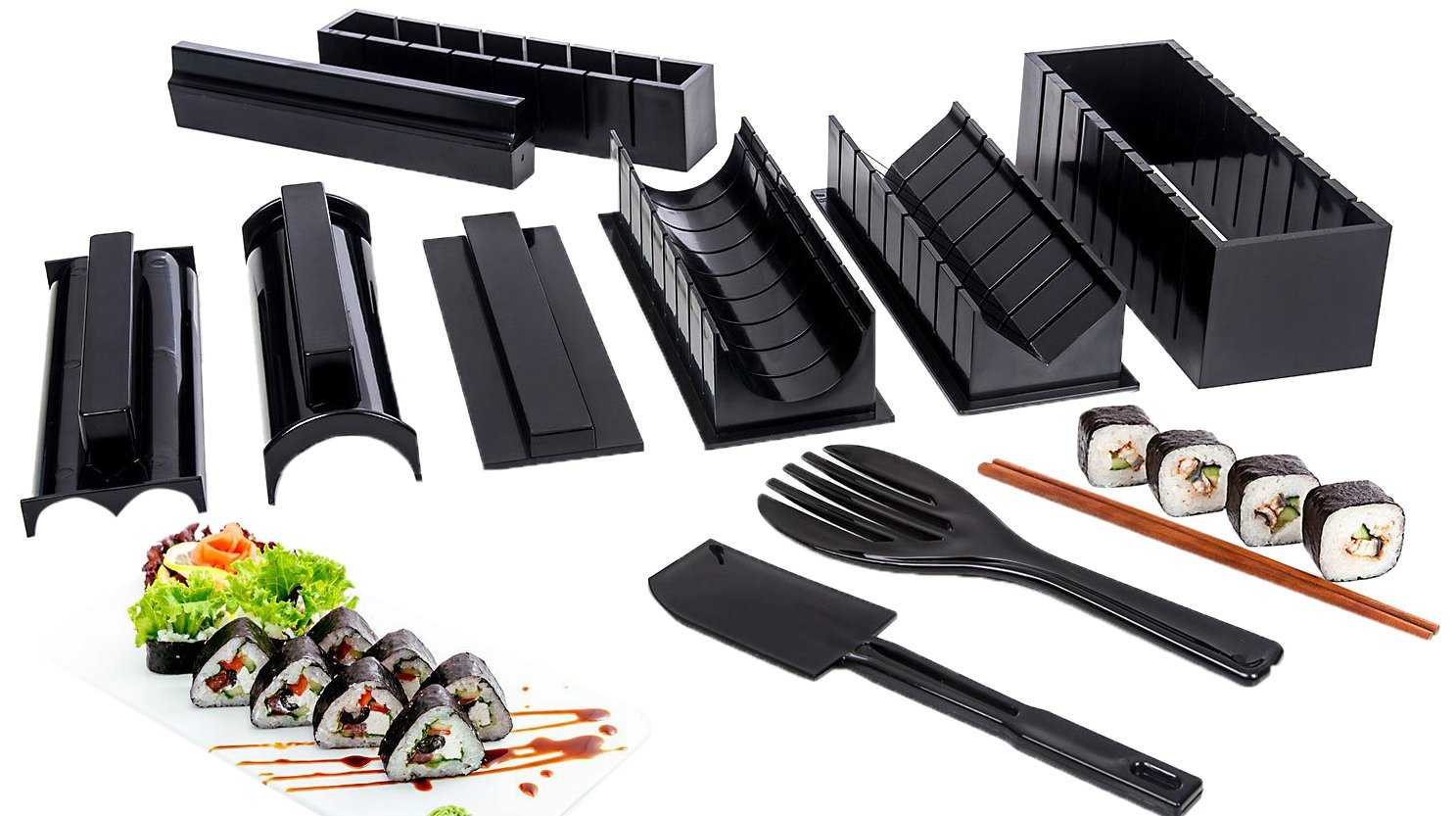 Sushi Making Kit with Complete Rice Press Mold Set-In Various Shapes and Sizes, Mickey Mouse Ears, Perfect Roll Maker Tools for Maki Nilgiri, Make Your Own Sushi At Home, Round/Triangle/Square/Rectangle