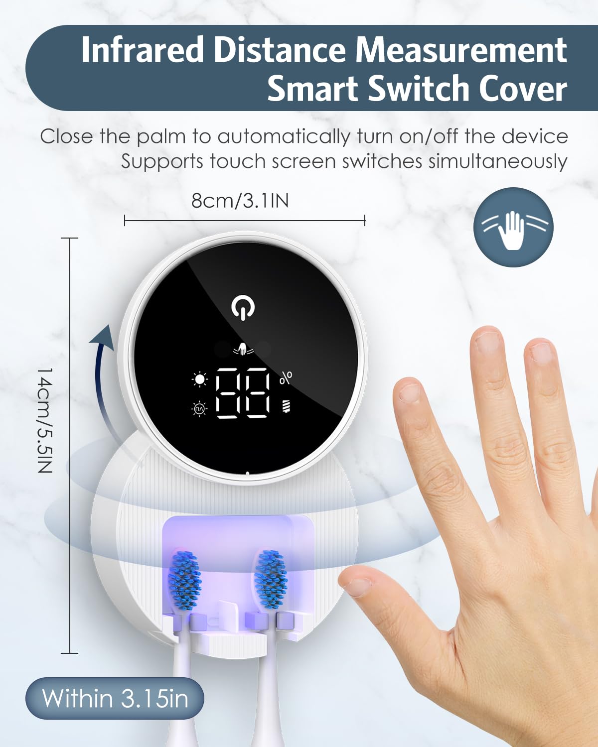 portaspazzolino igienizzante UV, supporto per spazzolino da denti a parete per bagno, schermo LED intelligente, custodia per spazzolino da denti con sanificazione UV integrata e asciugatura
