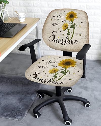 Miniatura 3 de Funda para silla de oficina de computadora, diseño de girasoles y abejas, con texto en inglés "Sunshine Quotes", funda protectora elástica para