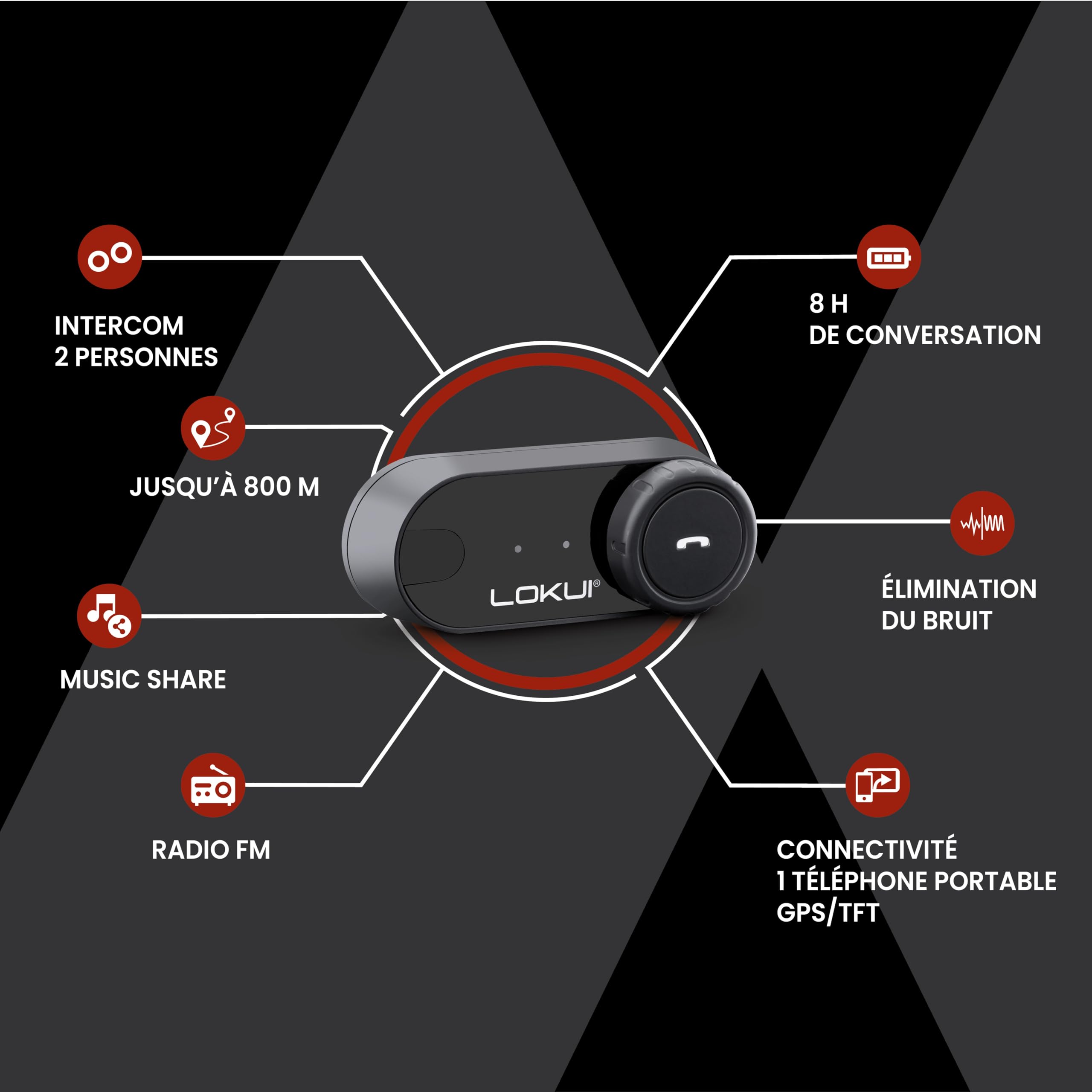 Midland- Intercom Moto Solo Individuel Lokui K30, Écouteurs Bluetooth sans Fil Casque Moto Étanche Universels, Portée 800m 2 Personnes, Batterie 10H Anti Bruit DSP, Enceinte Haut Parleur Hi-Fi, Micros