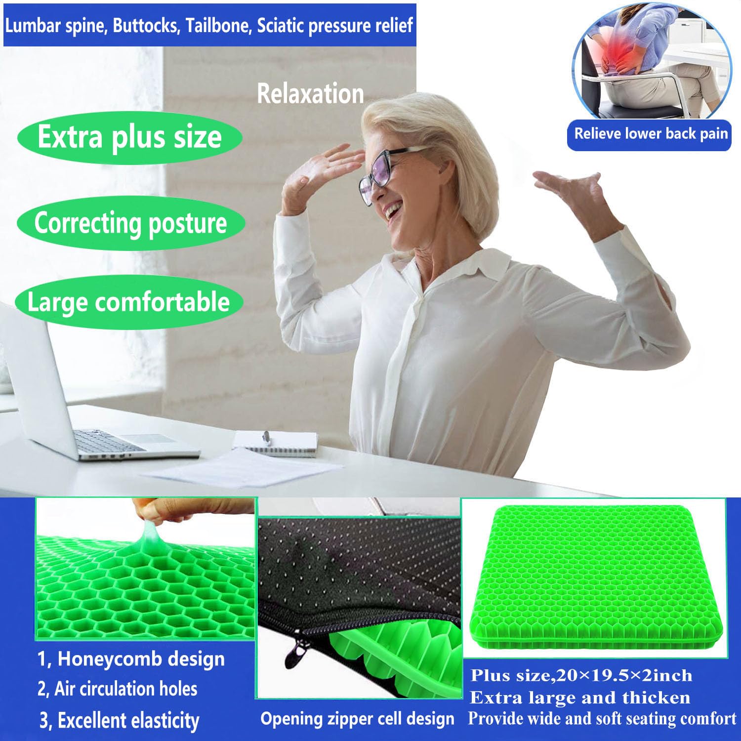 Cojín de asiento de gel de tamaño grande para sentarse durante mucho tiempo, cojín de asiento extragrande y grueso, espalda, cadera, ciática, alivio del dolor de coxis, uso para sillas de oficina,