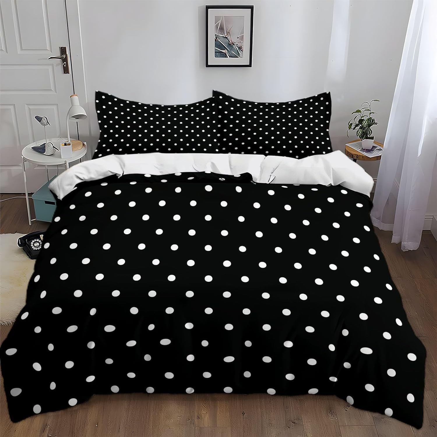 Housse couette 2 personnes microfibre haut de gamme design chic à pois noir et blanc 220x240