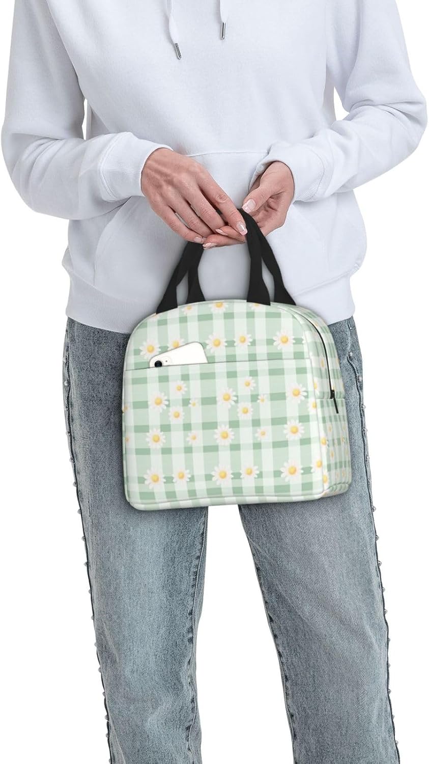 Lunch Bag Daisy Pastel Green Check Plaid Insulated Lunch Box Reusable Cooler Tote for Adults Student Girl Boy Work Office School Picnic Over 3 Years Old