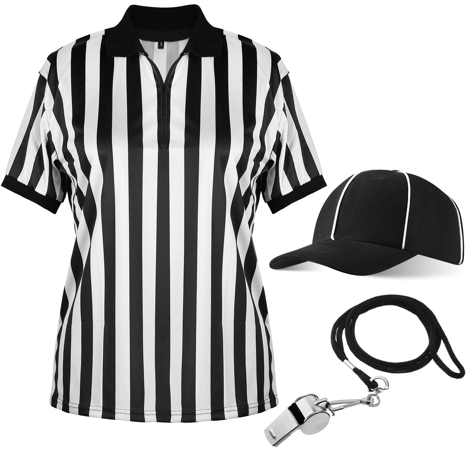 Geyoga 4 Pcs Men's Official Referee Costume Set Black and White Stripe Referee Shirt Hat Whistle Lanyard for Carnival(XL)