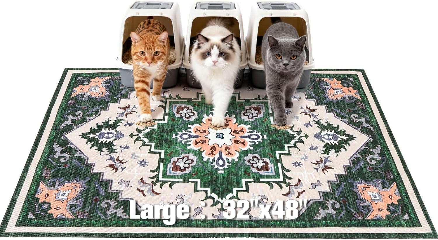 EXPAWLORER Cat Litter Mat, 32”x48” XL Non-Slip Urine Waterproof Litter Trapping Mat Easy to Clean Washable Litter Box Mat for Floor Soft on Kitty Paws, Indoor Food Mats Rug Pads for Bathroom Green