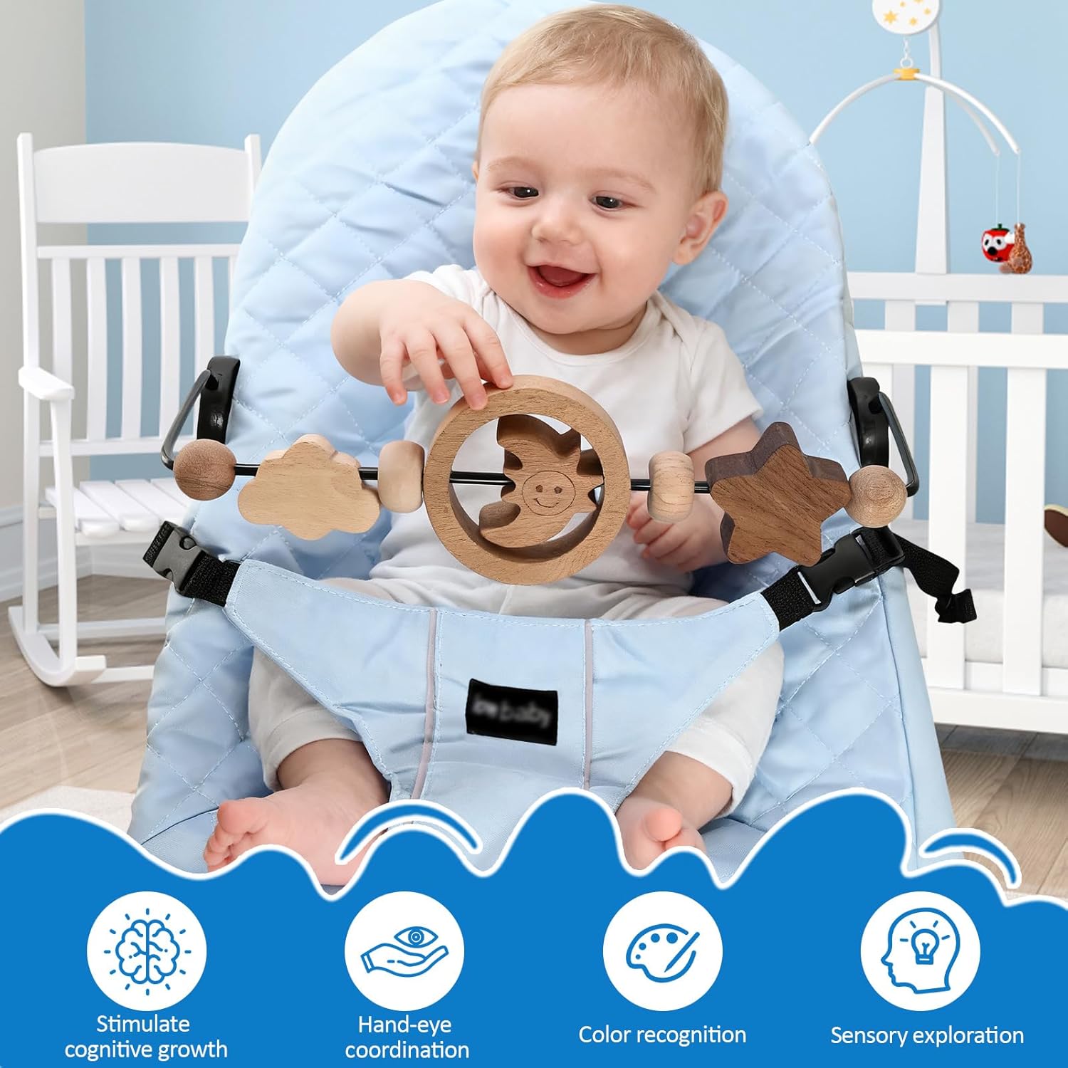 Natural Wooden Activity Toy Bar for Baby Bjorn Bouncer, 360° Rotating Smiling Moon Hanging Toys for Infant Car Seat & Stroller, Sensory Development Toy 0-12 Months