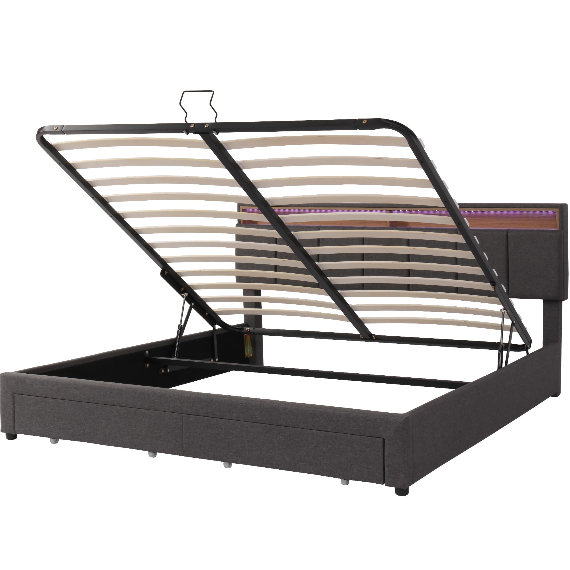 Lubvtti Cama Acolchada con iluminación LED y cabecero contenedor, Cama de Matrimonio con cajones,Cama con almacenaje 180 x 200 cm,Estructura Cama con somier de láminas, Lino, Gris