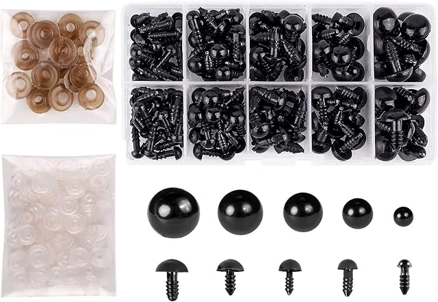 Safety Eyes with Washers,142pcs Plastic Eyes for Doll Making,Black Eyes Multiple Sizes 6mm/8mm/9mm/10mm/12mm for Knitted Doll, Plush Toy and Teddy Bear Crafts