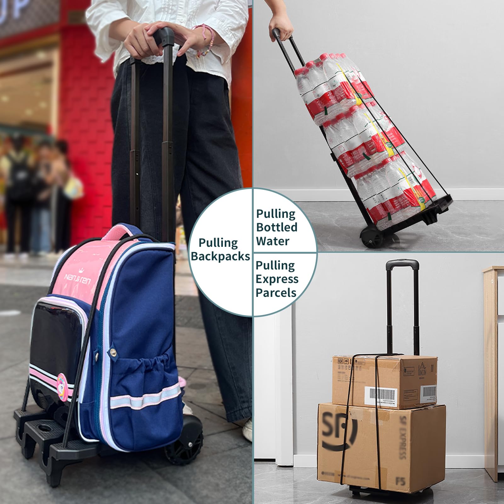 Carrello pieghevole a mano, zaino, carrello per bagagli resistente con 2 corde elastiche per bagagli, zaini, viaggi, traslochi, shopping, uso ufficio