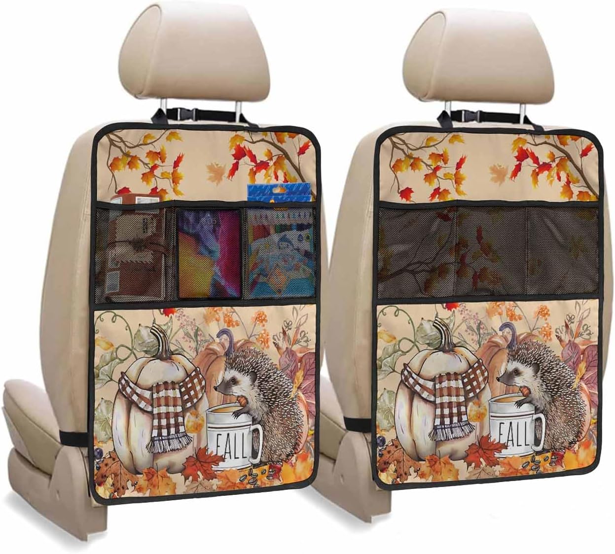 Car Seat Protector, 2 Pack Kick Mats Back Seat Protector Fall Thanksgiving Pumpkin Hedgehog Coffee Branch Orange Waterproof Backseat Cover for Kids Universal Fit Automotive Interior Protectors