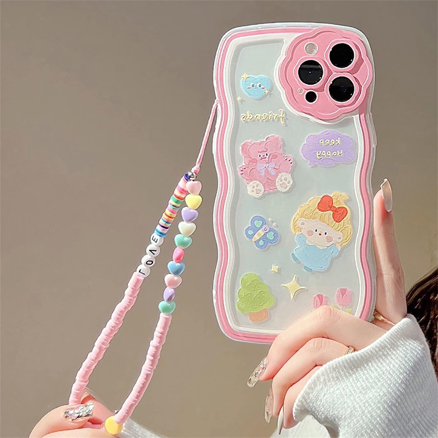Emlivi Funda para iPhone 11 Pro con Pulsera de Perlas, Flores Moda Funda para Móvil Ondas Funda Protectora Fresas Bonitas Parachoques Protección Suave Silicona Funda TPU para iPhone 11 Pro, Oso Niña