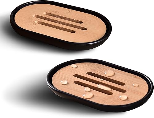 Jabonera para ducha, juego de 2 salvadores de jabón de bambú para baño, soporte de jabón en barra con autodrenaje para baño, soporte de jabón para