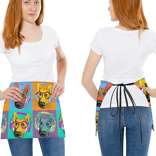 Miniatura 2 de bisibuy 3 Pocket Waist Apron, Pack of 3, Hippie Dog Music Server Short Apron for Men Women, Kitchen, Restaurant, Cafe Delantales De Mesera Para