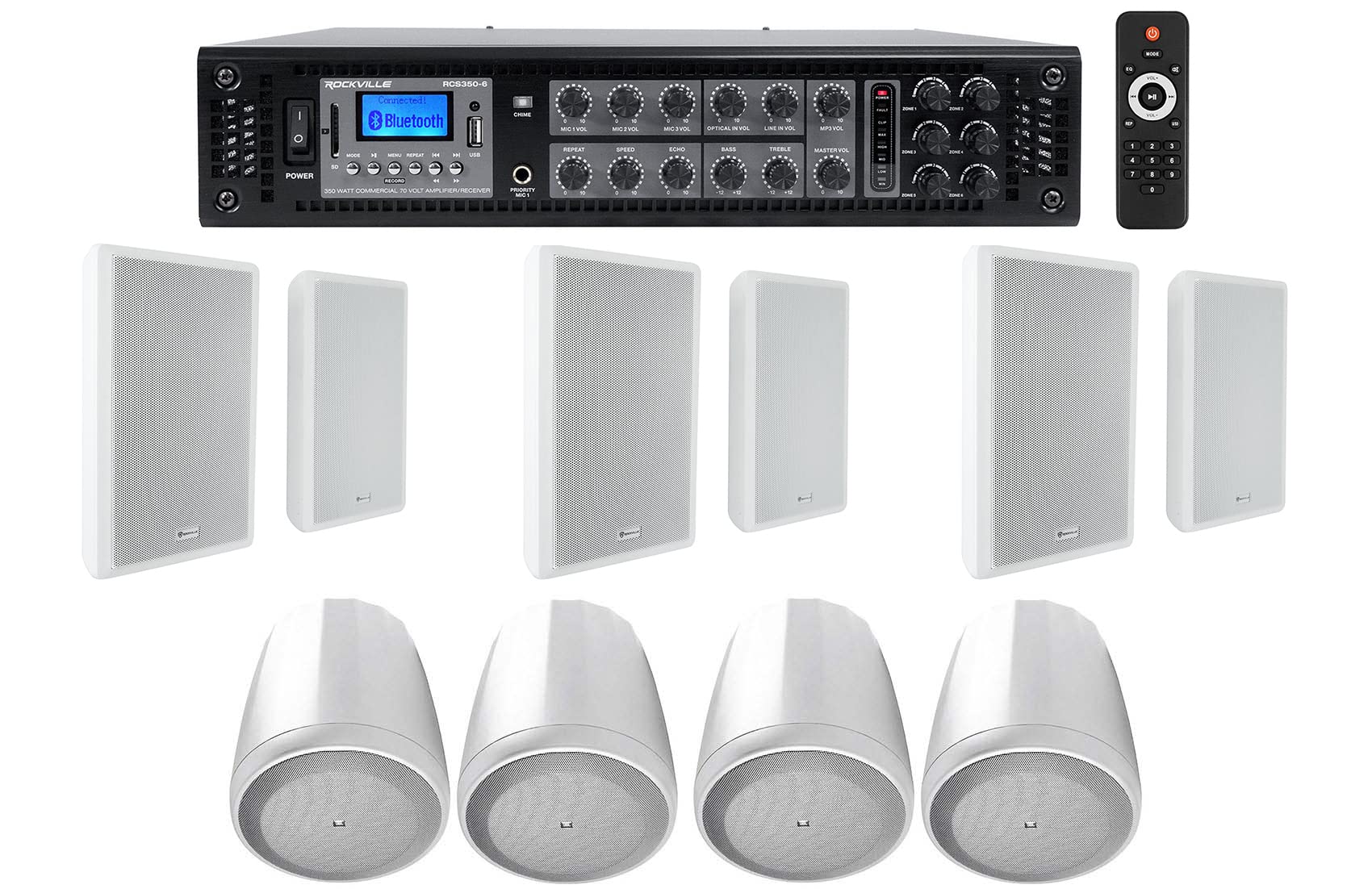 Rockville Audiosavings Bundle RCS350-6 Commercial Amp Bluetooth Bundle with (3) Pair RockSlim Commercial Wall Speakers & (2) JBL Control 65P/T-WH White 5.25