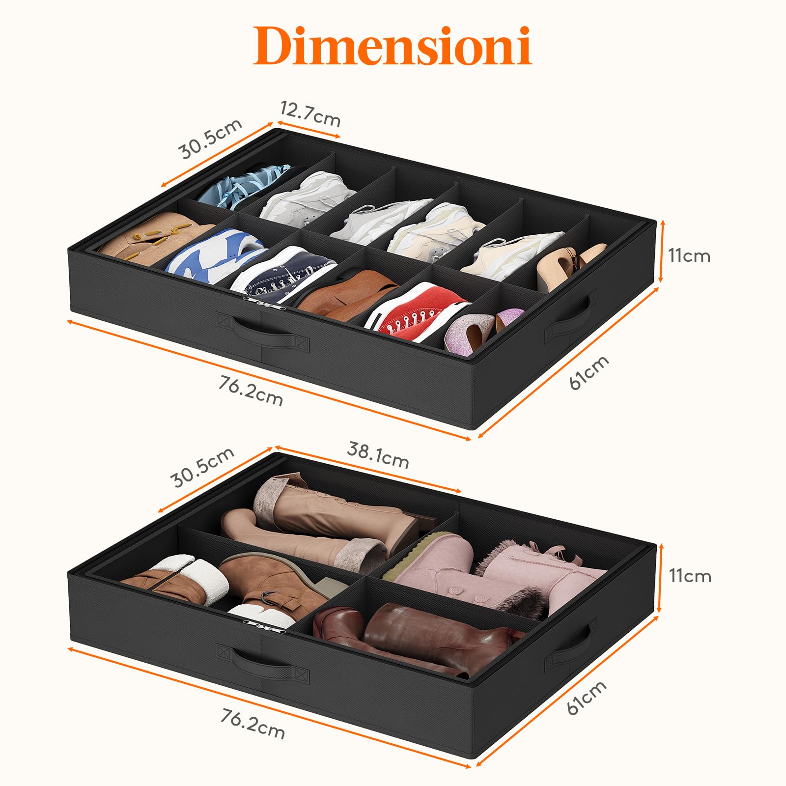 Lifewit Scatole per Scarpe con Finestra Trasparente, 12 Paia + 4 Paia, Contenitori Portaoggetti Pieghevole Sottoletto per Scarpe, Organizer per Scarpe con Manici Salvaspazio, Nero