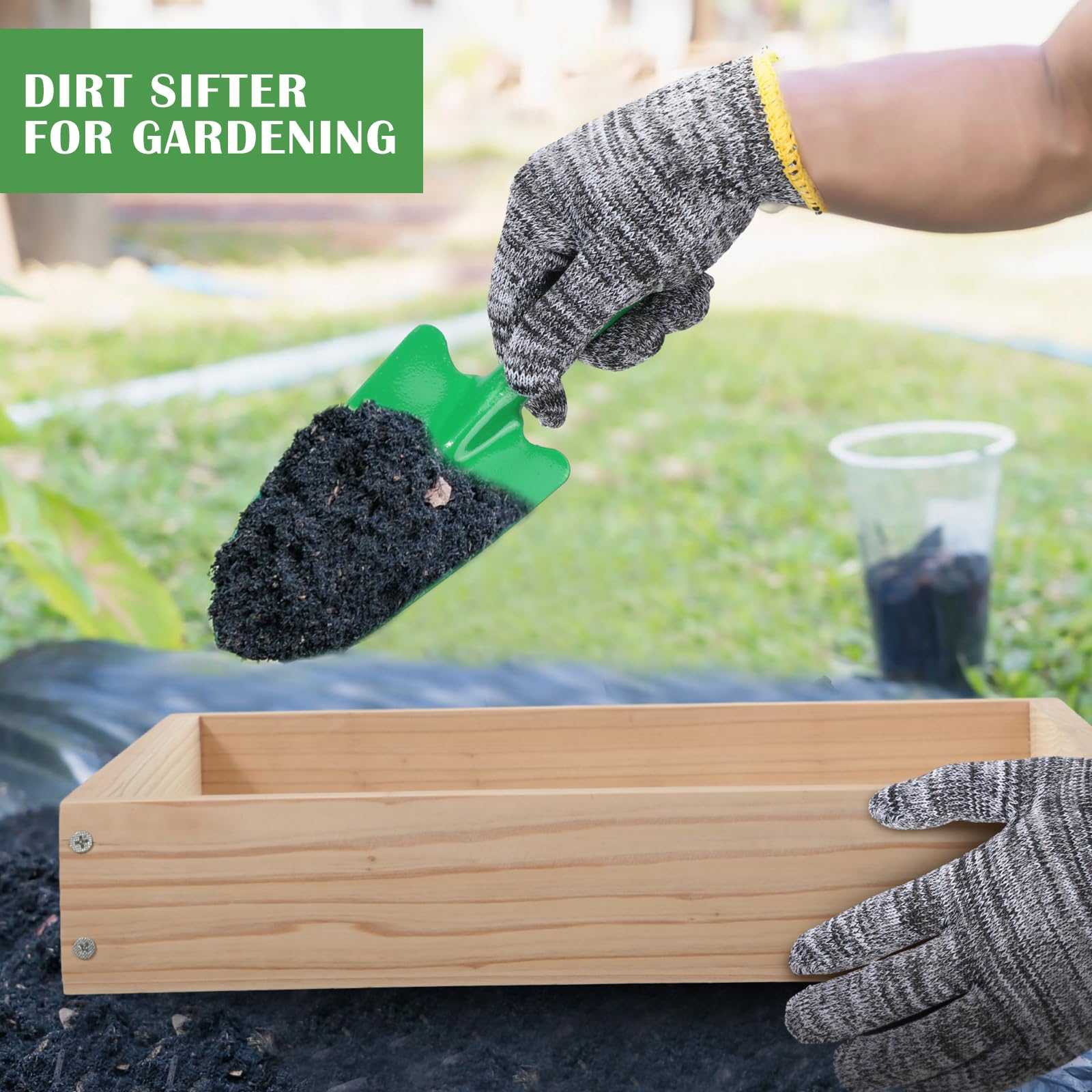 Therwen Juego de 2 tamices de tierra, tamiz de tierra, tamiz de tierra de madera, tamiz de compost, malla de 0.24 pulgadas con guantes y palas para plantas bonsái, macetas, verduras, hojas de arena,