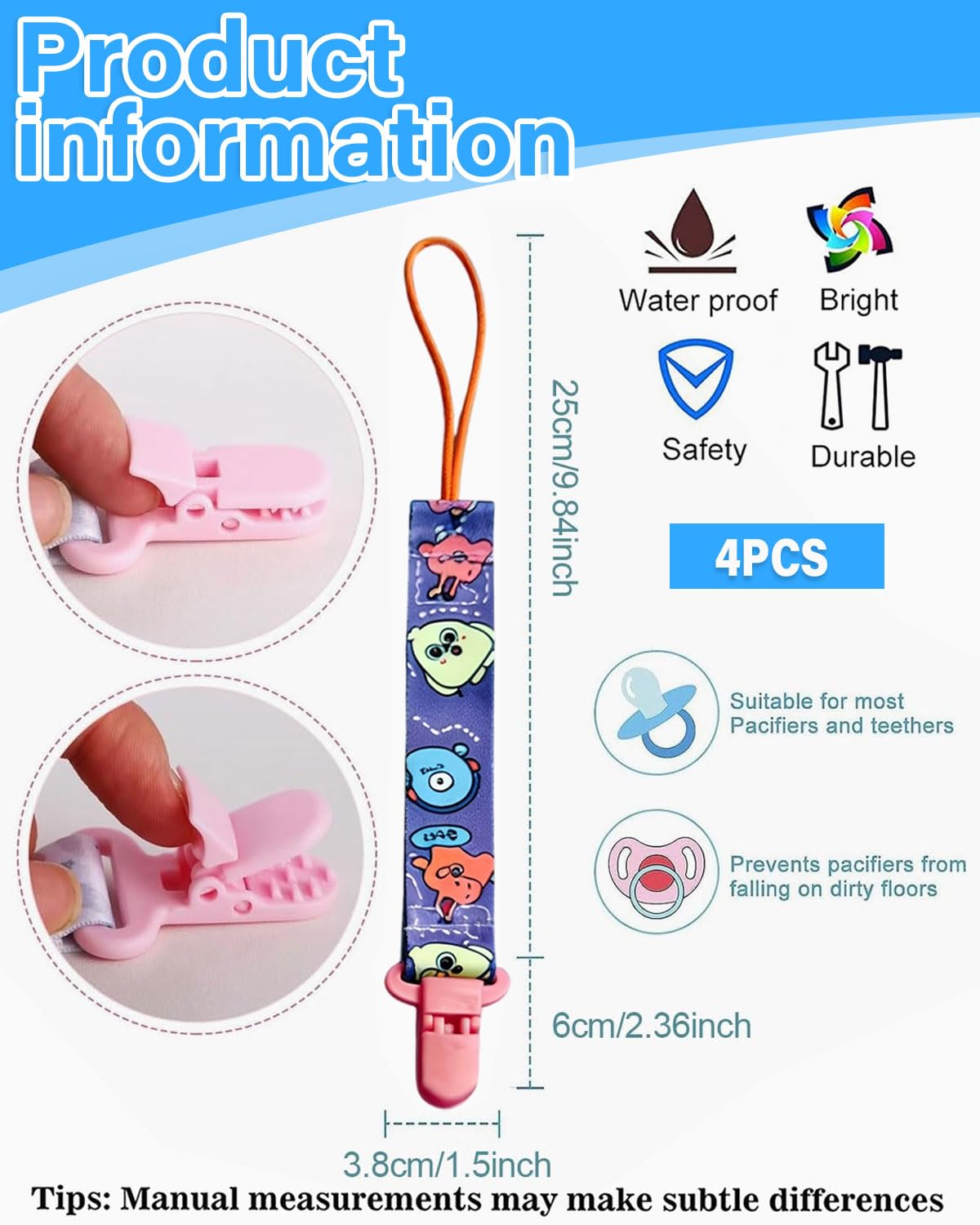 LEEQBCR 4 Pcs Chupetero de clip para Bebé,Ajustable Cadena para Chupete Bebe,Cadena de Chupetes para niños y niñas,Diseño de Una Pieza,Sin BPA,Protege a tu bebe - 2