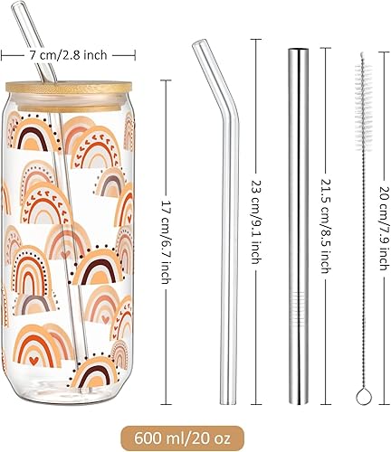 Miniatura 6 de Joeyan Vasos de vidrio de 20 onzas con tapas y pajitas de bambú, vasos bohemios para beber cerveza, lindo vaso de café helado con patrón de arco