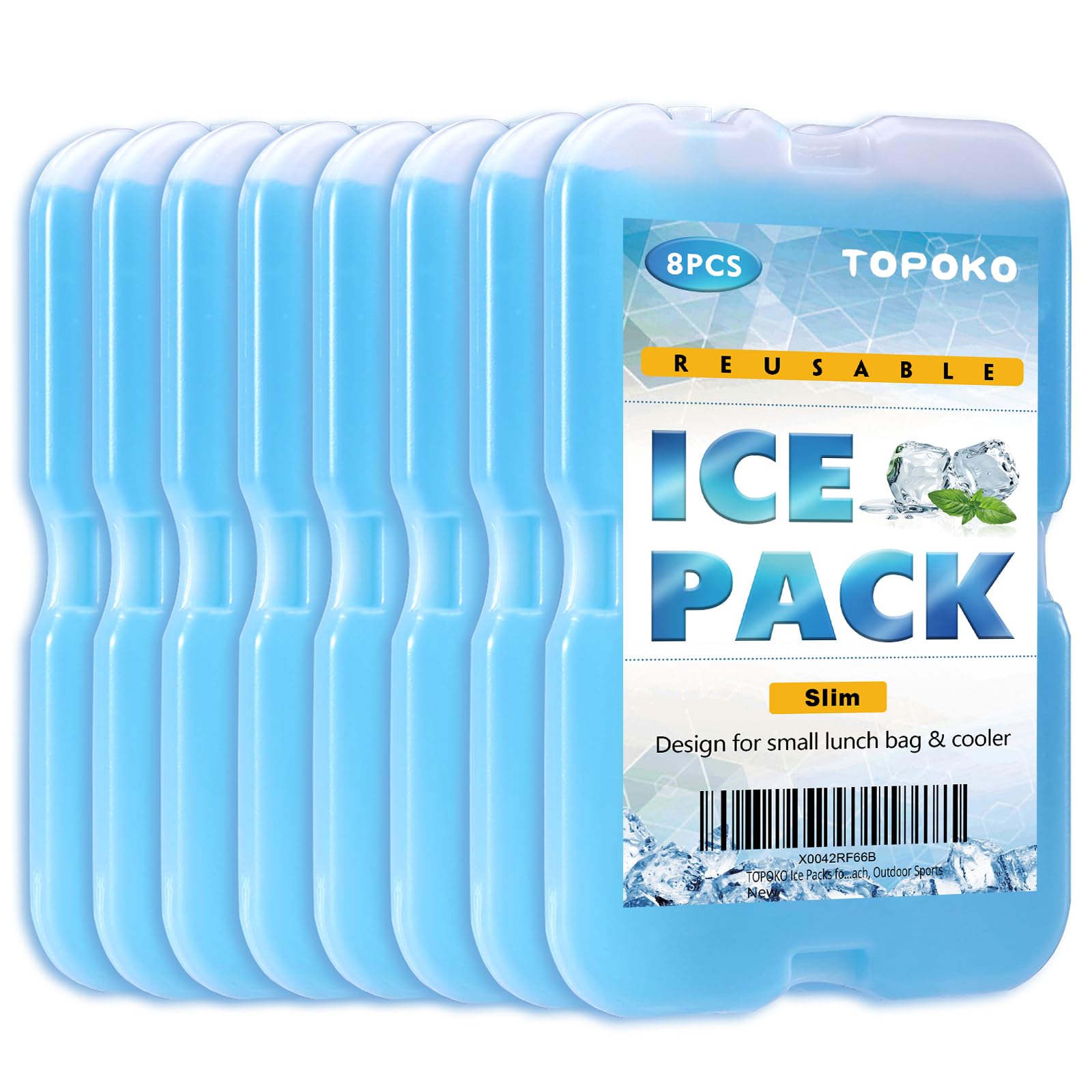 TOPOKO Ice Packs for Lunch Bags, Cooler, Freezer Packs for Lunch Box, Cooler Bag, Slim Reusable & Long-Lasting, BPA-Free, Quick Freeze, Perfect for Picnic, Camping, Beach, Outdoor Sports
