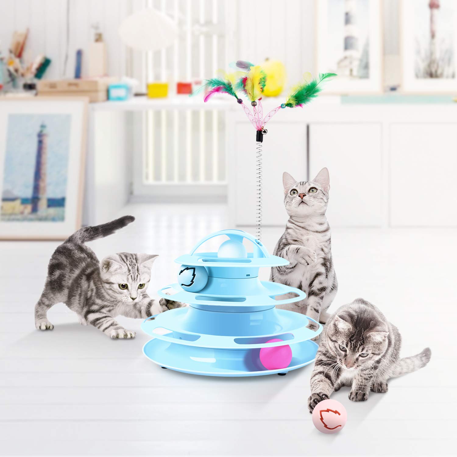 Pecute Giocattoli per Gatti, Gioco Interattivo Giochi Gatto kit, Giochi per Gatti Traccia Antiscivolo e Removibile per Gatti 4 Strati 4 Palle, con Catnip e Bacchetta da Gioco(Blu)