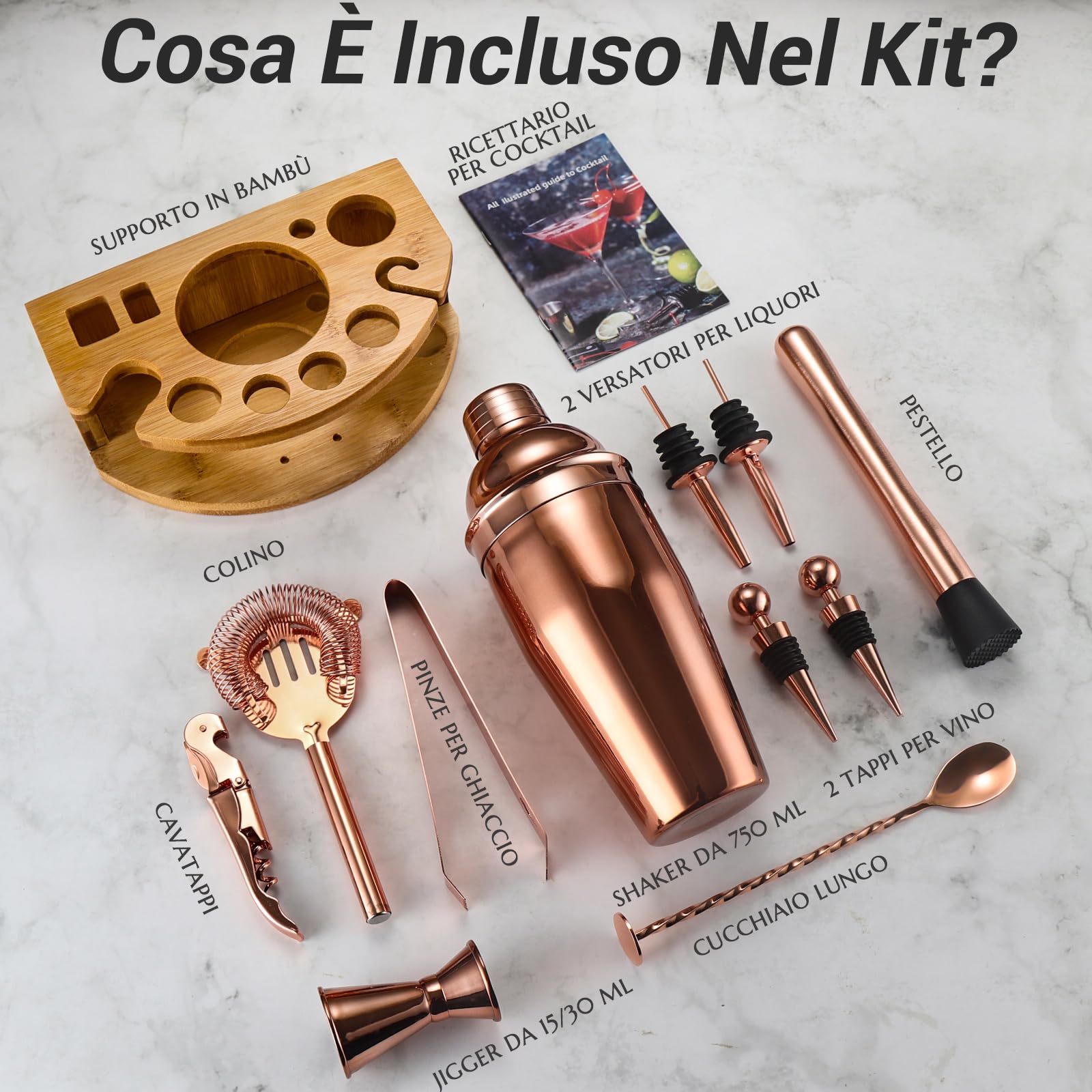 Set Shaker Cocktail Kit Barman con Supporto, Set Barman in Acciaio INOX da 750ML 12 pezzi con dosatore misurino cocktail, Kit Barman Professionale Completo per Home Bar, Regali per Papà (Oro Rosa)